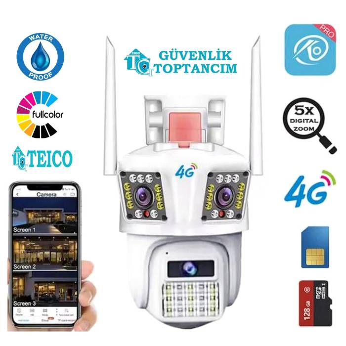 3 Kameralı Sim Kart Ve 12 Volt Adaptör İle Çalışan 9 Mp Telefona Kurulan 4G Güvenlik Kamerası Teico-4033