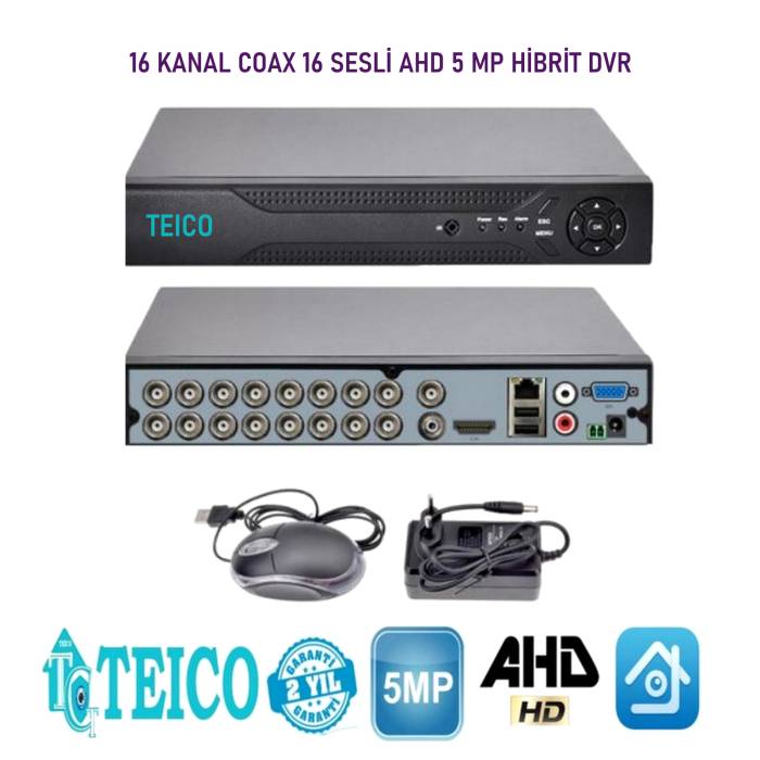 5 MP 16 Kanal Sesli AHD Hibrit Kamera Kayıt Cihazı DVR Teico-7566