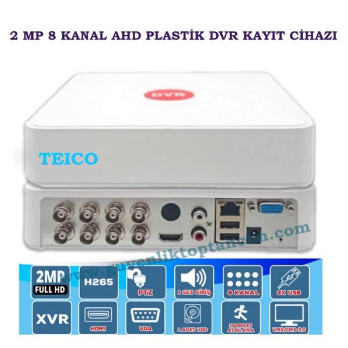 2 MP 8 Kanal 1080P AHD Hibrit Plastik Kasa Kamera Kayıt Cihazı XVR Teico-7802