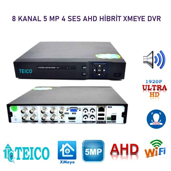 5 MP 8 Kanal AHD Hibrit Metal Kasa 4 Ses Kamera Kayıt Cihazı DVR Teico-7580