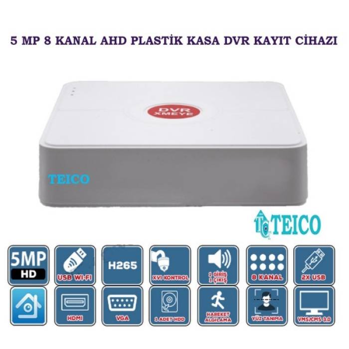 5 MP 8 Kanal AHD Hibrit Plastik Kasa Kamera Kayıt Cihazı DVR Teico-7850
