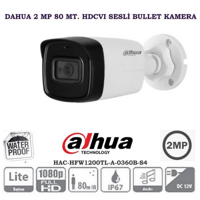 Dahua 2 MP 80 MT. HDCVI IR  Sesli Bullet Kamera HAC-HFW1200TL-A-0360B-S4