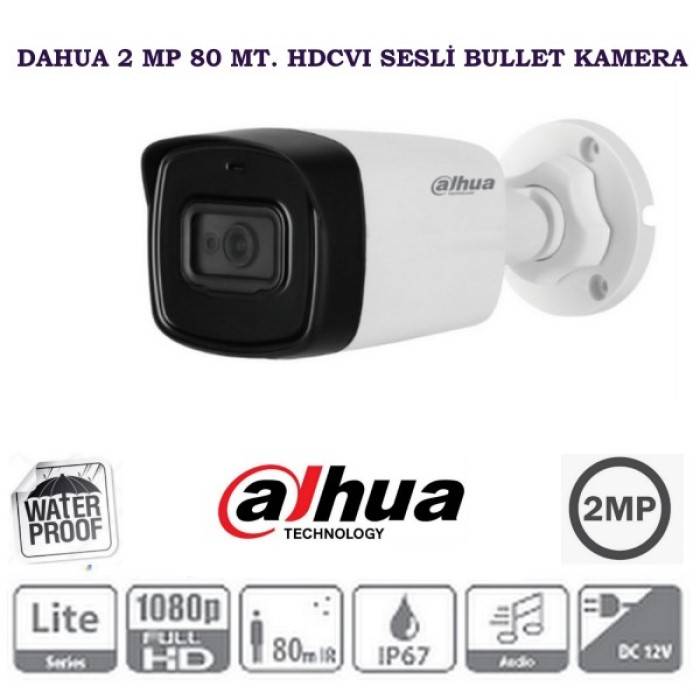 Dahua 2 MP 80 MT. HDCVI IR  Sesli Bullet Kamera Dahua HAC-HFW1200TL-A-0360B