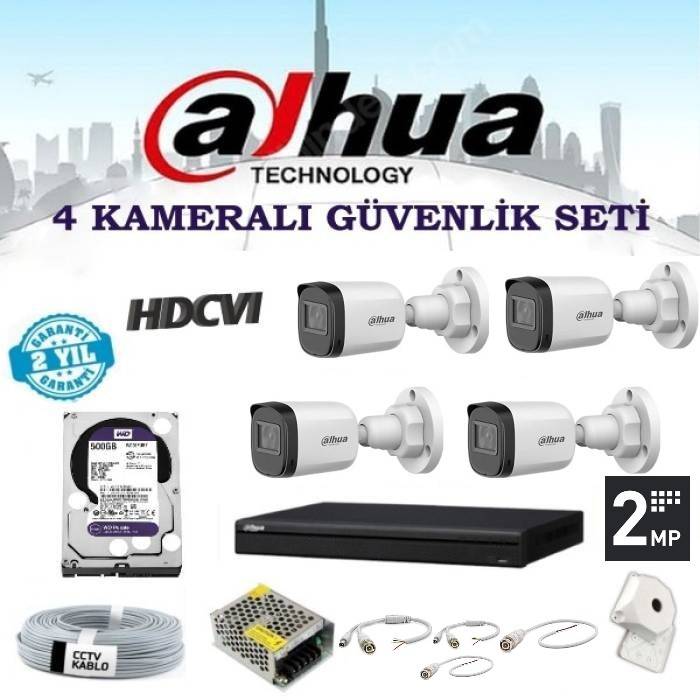 DAHUA 2 MP 4 Dış Mekan Kameralı Herşey Dahil HDCVI Güvenlik Kamerası Seti