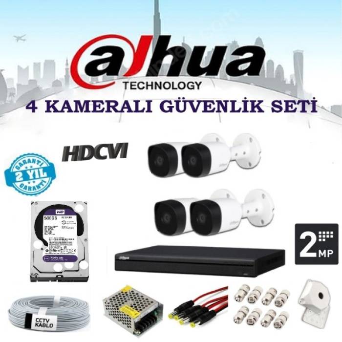 DAHUA 2 MP 4 Dış Mekan Kameralı Herşey Dahil HDCVI Güvenlik Kamerası Seti
