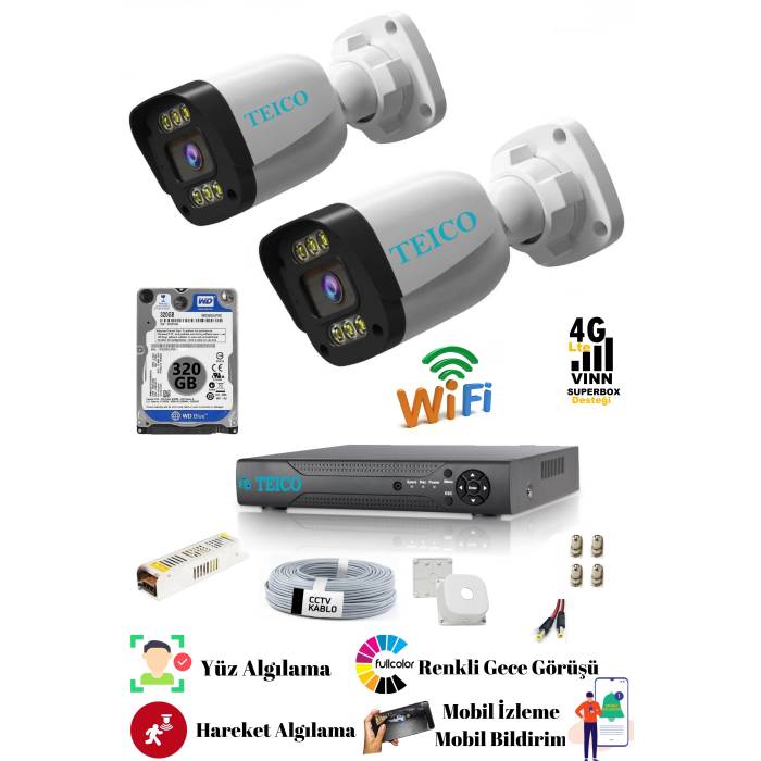 5 Mp Ultra HD İki Kameralı Warm Led Güvenlik Kamera Sistemi Teico- 6025N Su geçirmez Renkli Gece Görüşlü Cepten İzleme XMEYE