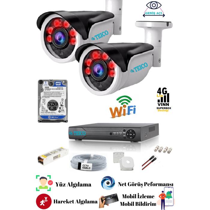 2 Kameralı 5 Mp Ultra HD Güvenlik Kamera Seti Teico- 6520N Su geçirmez Gece Görüşlü Cepten İzleme XMEYE