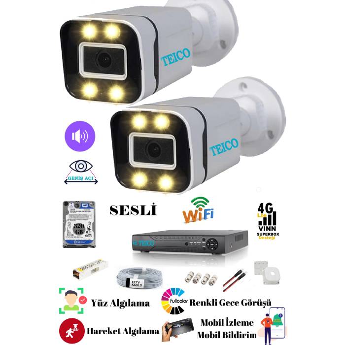 2 Kameralı 5 Mp Ultra HD Sesli Güvenlik Kamera Seti Teico- 6205N WarmLed Renkli Gece Görüşlü Su geçirmez Cepten İzleme XMEYE