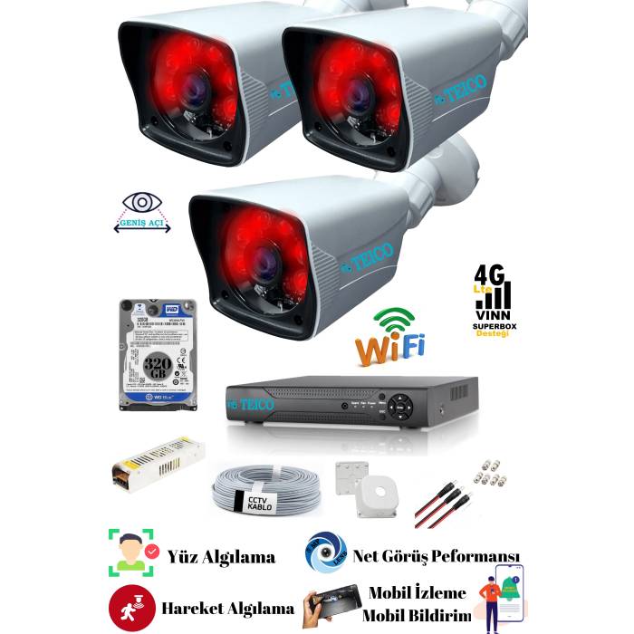 3 Kameralı 5 Mp Sony Lensli Full Hd 1080p Güvenlik Kamera Seti Teico- 6232N Gece Görüşlü Su Geçirmez Cepten İzleme XMEYE