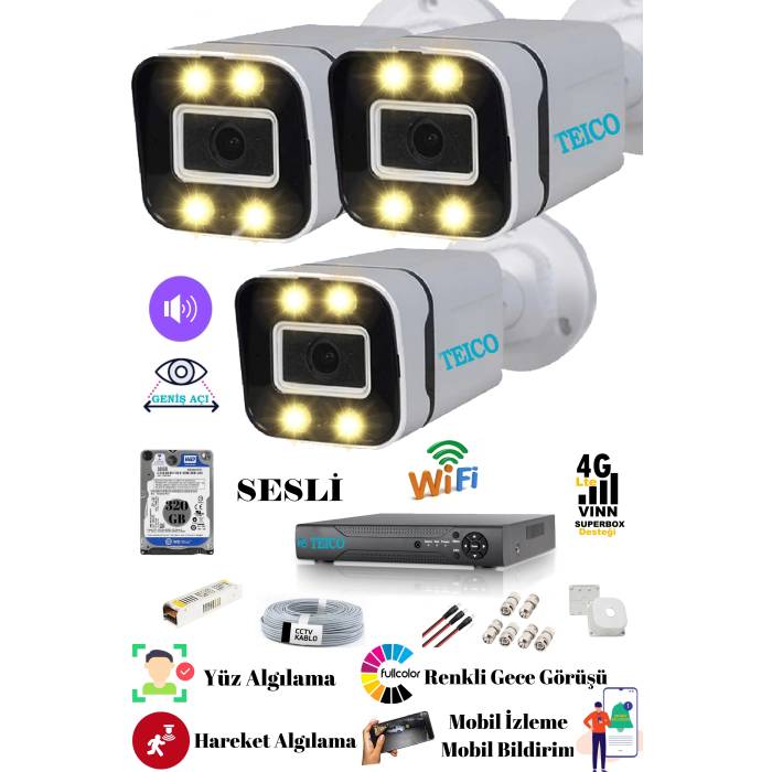 3 Kameralı 5 Mp Ultra Hd 1920p Sesli Güvenlik Kamera Seti Teico- 6305N WarmLed Renkli Gece Görüşlü Su geçirmez Cepten İzleme XMEYE