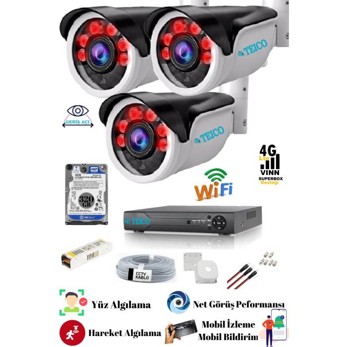 3 Kameralı 5 Mp Ultra HD Güvenlik Kamera Seti Teico- 6530N Su geçirmez Gece Görüşlü Cepten İzleme XMEYE