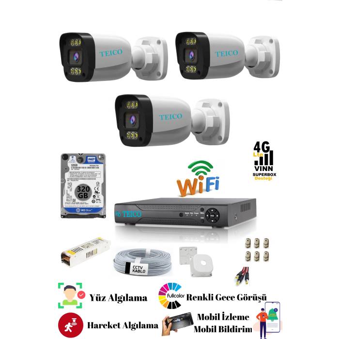 5 Mp Ultra HD 3 Kameralı Warm Led Güvenlik Kamera Sistemi Teico- 6035N Su geçirmez Renkli Gece Görüşlü Cepten İzleme XMEYE