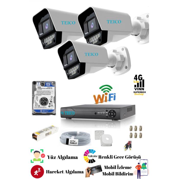 5 Mp Ultra HD 3 Kameralı Güvenlik Kamera Seti Teico- 6315 WarmLed Renkli Gece Görüşlü Su geçirmez Cepten İzleme XMEYE