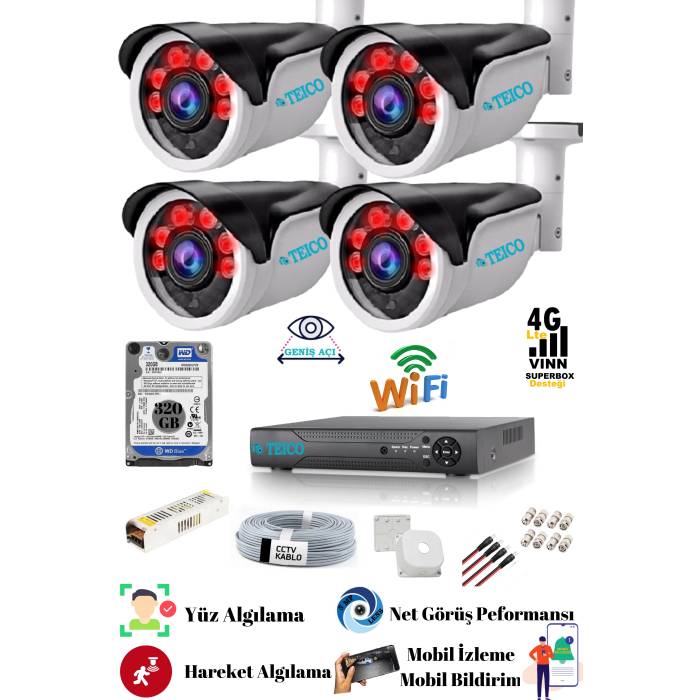5 MP Ultra HD Güvenlik Kamera Seti Teico- 6540N 320 GB HDD Su geçirmez Gece Görüşlü Cepten İzleme XMEYE