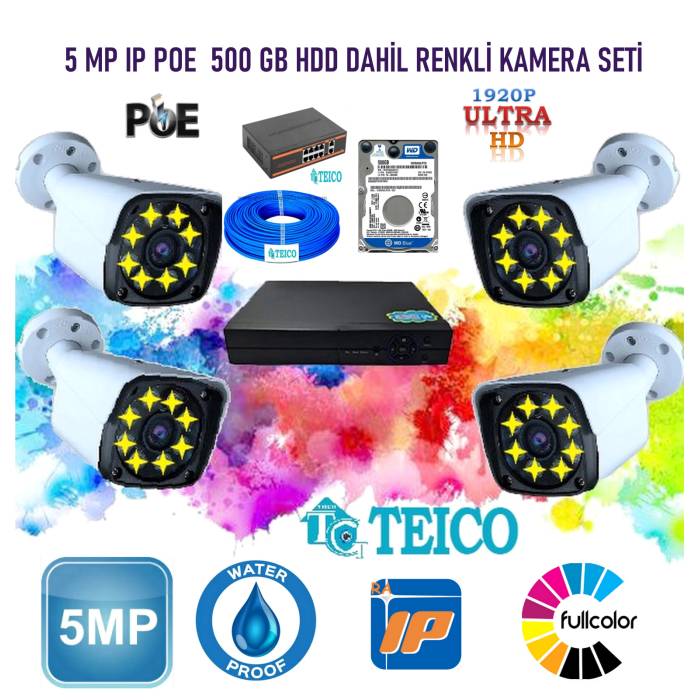 4 Kameralı 5 Mp IP POE Güvenlik Kamera Seti Teico- 6545 500 GB WarmLed Renkli Gece Görüşlü Su geçirmez Cepten İzleme XMEYE