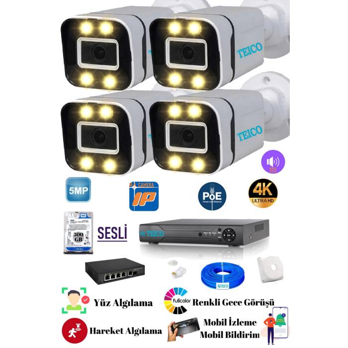 4 Kameralı 5 Mp IP POE Sesli Güvenlik Kamera Seti Teico- 6456 500 GB WarmLed Renkli Gece Görüşlü Su geçirmez Cepten İzleme XMEYE