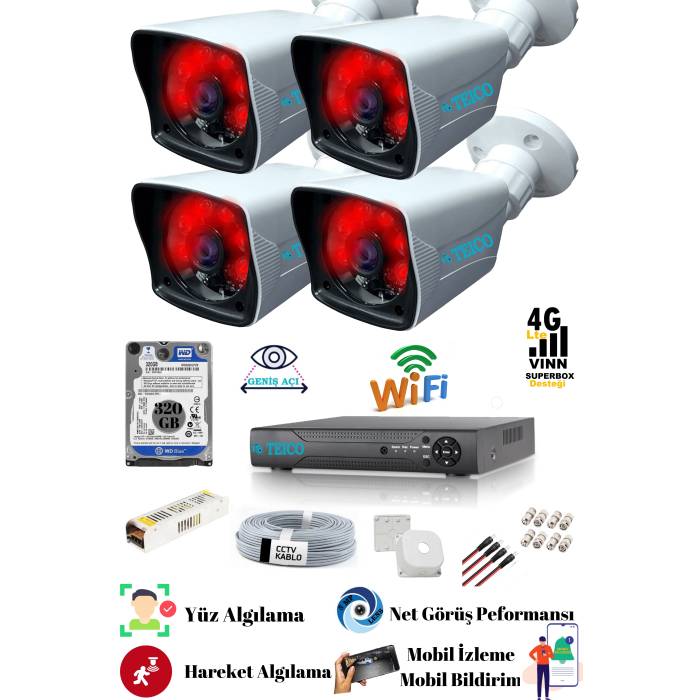 4 Kameralı 2 MP Full Hd 1080p Güvenlik Kamera Seti 320GB HDD Teico- 6242N Gece Görüşlü Su Geçirmez Cepten İzleme XMEYE