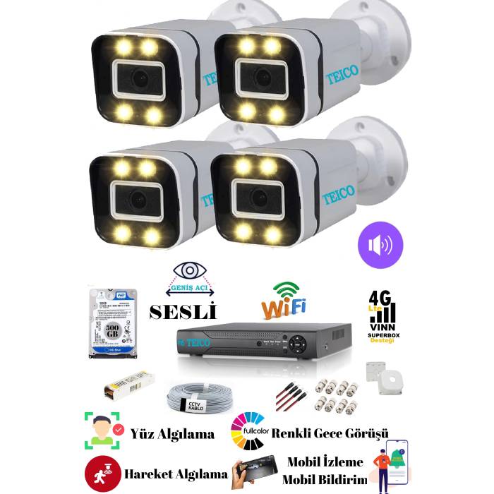4 Kameralı 5 Mp Ultra HD Sesli Güvenlik Kamera Seti Teico- 6405N WarmLed Renkli Gece Görüşlü Su geçirmez Cepten İzleme XMEYE