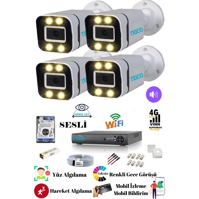 4 Kameralı 5 Mp Ultra Hd Sesli Güvenlik Kamera Seti Teico- 6405N320 WarmLed Renkli Gece Görüşlü Su geçirmez Cepten İzleme XMEYE