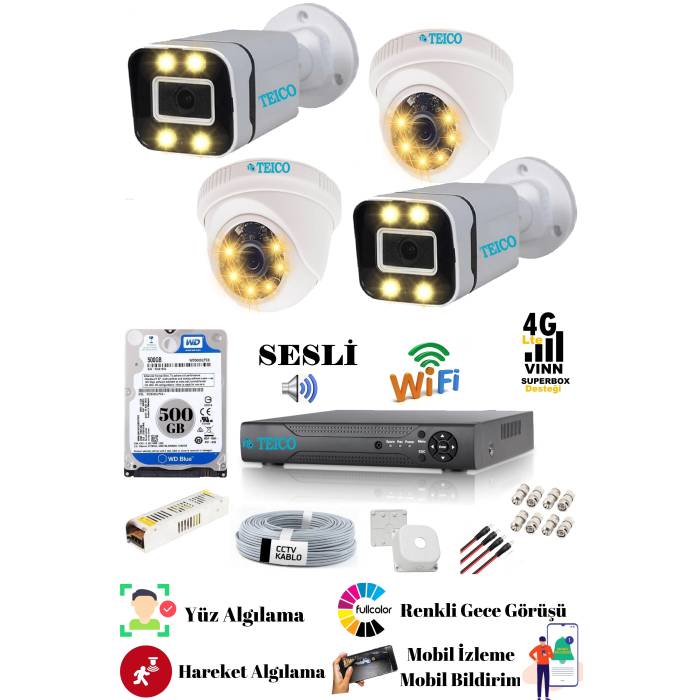 4 Kameralı 5 Mp Ultra Hd Sesli Güvenlik Kamera Seti Teico- 6645 WarmLed Renkli Gece Görüşlü Su geçirmez Cepten İzleme XMEYE