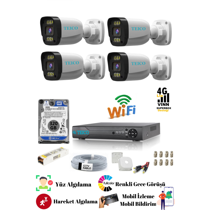 5 Mp Ultra HD 4 Kameralı Warm Led Güvenlik Kamera Sistemi Teico- 6045N Su geçirmez Renkli Gece Görüşlü Cepten İzleme XMEYE
