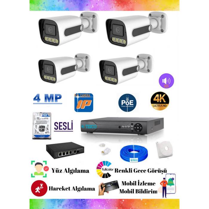 4 Mp IP POE Sesli 4 Kameralı Güvenlik Kamera Seti Teico- 6044 500 GB WarmLed Renkli Gece Görüşlü Su geçirmez Cepten İzleme XMEYE