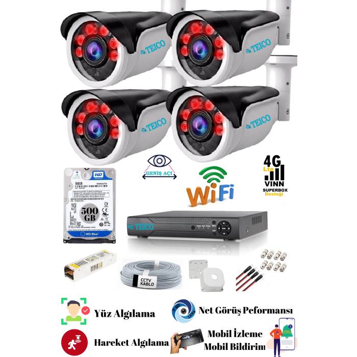 5 MP Ultra HD Güvenlik Kamera Seti Teico- 6540N Su geçirmez Gece Görüşlü Cepten İzleme XMEYE