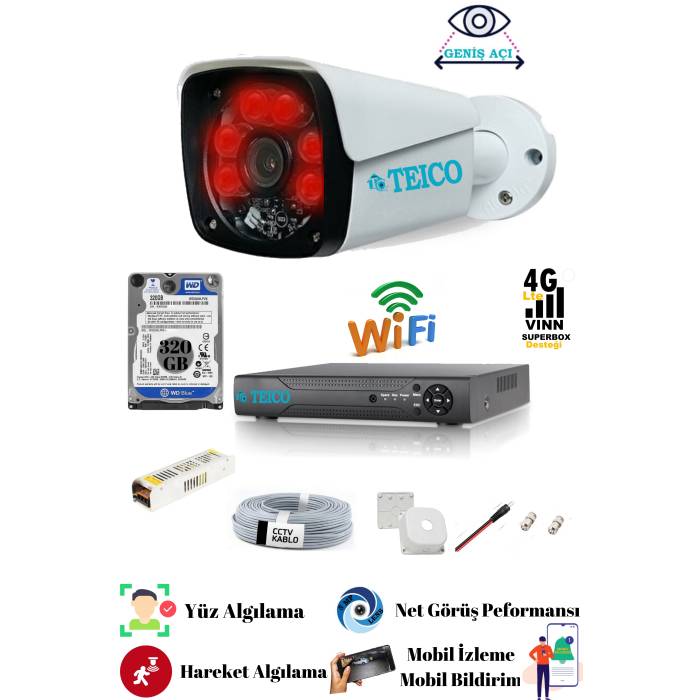 5 Mp Ultra HD Tek Metal Kameralı Güvenlik Kamera Seti Teico- 6150N Su geçirmez Gece Görüşlü Cepten İzleme XMEYE