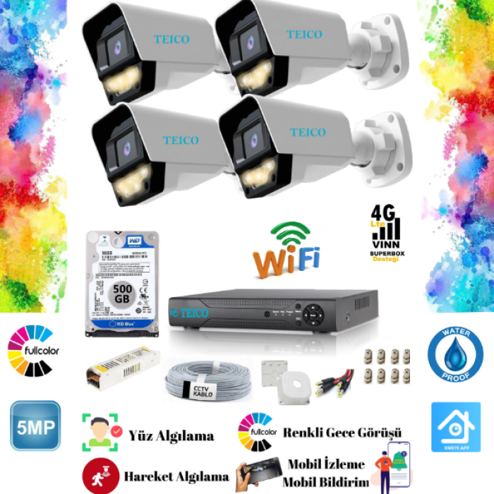 5 Mp Ultra HD 4 Kameralı 500 GB HDD Dahil Güvenlik Kamera Seti Teico- 60145N500