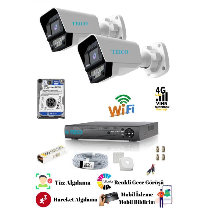 5 Mp Ultra HD 2 Kameralı Güvenlik Kamera Seti Teico- 6215 WarmLed Renkli Gece Görüşlü Su geçirmez Cepten İzleme XMEYE