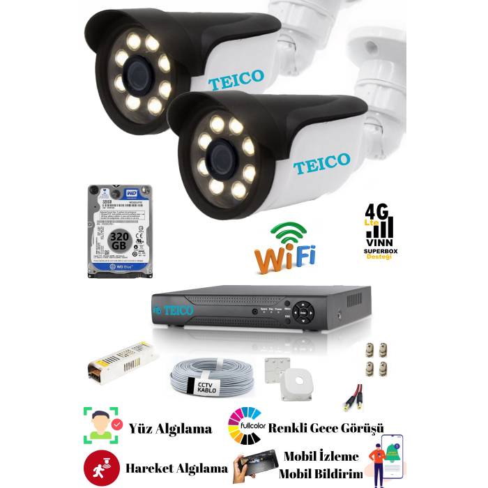 5 Mp Ultra HD İki Kameralı Warm Led Güvenlik Kamera Sistemi Teico- 6025N Su geçirmez Renkli Gece Görüşlü Cepten İzleme XMEYE