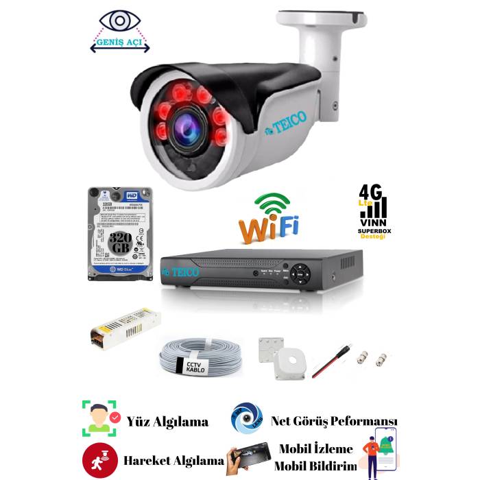 1 Kameralı 5 Mp Ultra HD 320 GB HDD Dahil Güvenlik Kamera Seti Teico- 6510N
