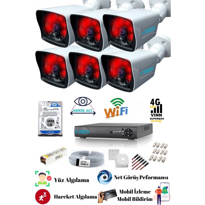6 Kameralı 5 Mp Sony Lensli Full Hd 1080p Güvenlik Kamera Seti Teico- 6262N Gece Görüşlü Su Geçirmez Cepten İzleme XMEYE