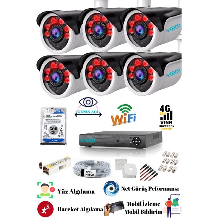6 Kameralı 5 Mp Ultra HD Güvenlik Kamera Seti Teico- 6560N Su geçirmez Gece Görüşlü Cepten İzleme XMEYE