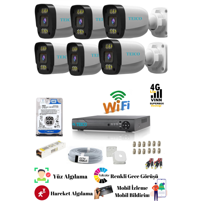 5 Mp Ultra Hd 6 Kameralı Warm Led Güvenlik Kamera Sistemi Teico- 6065N Su geçirmez Renkli Gece Görüşlü Cepten İzleme XMEYE
