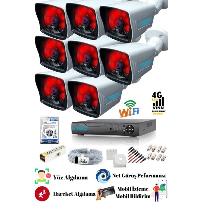 8 Kameralı 5 Mp Sony Lensli Full Hd 1080p Güvenlik Kamera Seti Teico- 6282N Gece Görüşlü Su Geçirmez Cepten İzleme XMEYE
