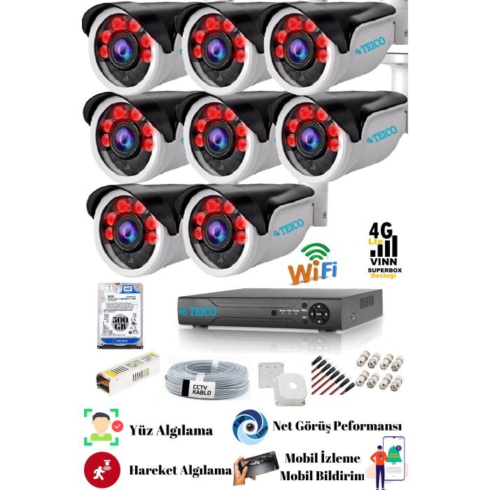 8 Kameralı 5 Mp Ultra HD 1920p Güvenlik Kamera Seti Teico- 6580N Su geçirmez Gece Görüşlü Cepten İzleme XMEYE