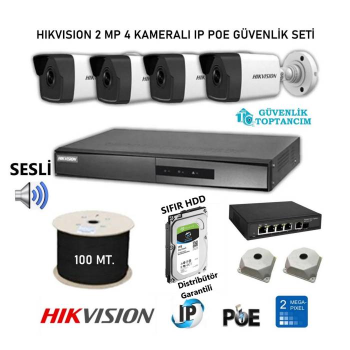 Hikvision 2 MP DS-2CD1023G0-IUF 4 Sesli Dış Mekan Kameralı IP POE Güvenlik Seti 1 TB SIFIR HDD Dahil Hik-041TBIP