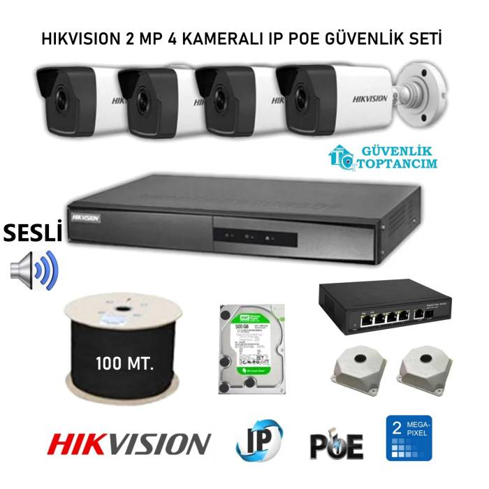 Hikvision 2 MP DS-2CD1023G0-IUF 4 Sesli Dış Mekan Kameralı IP POE Güvenlik Seti 500 GB HDD Dahil Hik-04IP