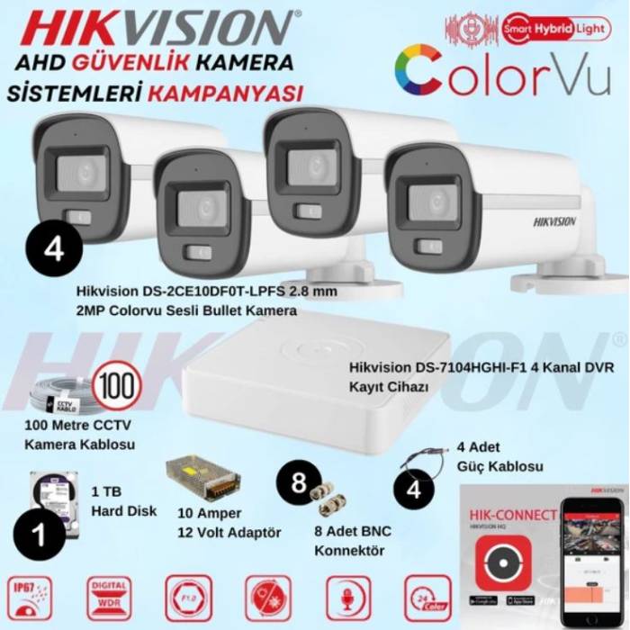 Hikvision 2 MP 4 Renkli Sesli Kameralı Herşey Dahil HDCVI Güvenlik Kamerası Seti HV-04
