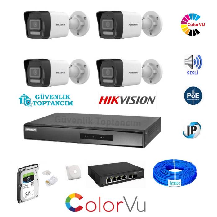 Hikvision 4 Kameralı 2 Mp Hybrid Light Ip Colorvu Güvenlik Kamera Seti DS-2CD1023G2-LIUF (Dahili Mikrofonlu)