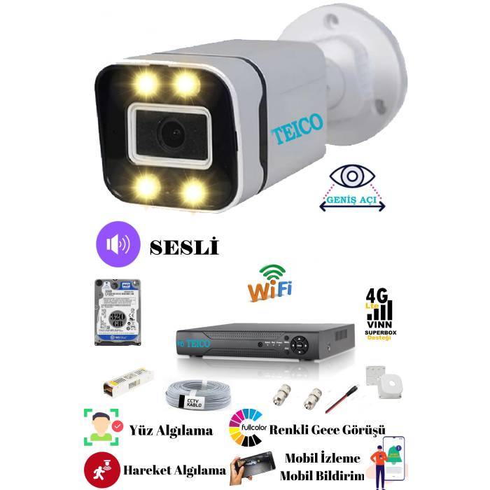 Tek Kameralı 5 MP Ultra HD Sesli Güvenlik Kamera Seti Teico- 6105N WarmLed Renkli Gece Görüşlü Su geçirmez Cepten İzleme XMEYE
