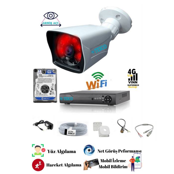 1 Kameralı 2 MP Full Hd 1080p Güvenlik Kamera Seti Teico- 6212N Gece Görüşlü Su geçirmez Cepten İzleme XMEYE