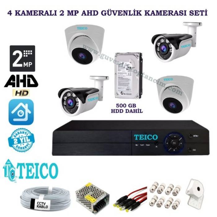 2 MP 2 İç 2 Dış Mekan Kameralı Herşey Dahil AHD Güvenlik Kamerası Seti Teico-6422