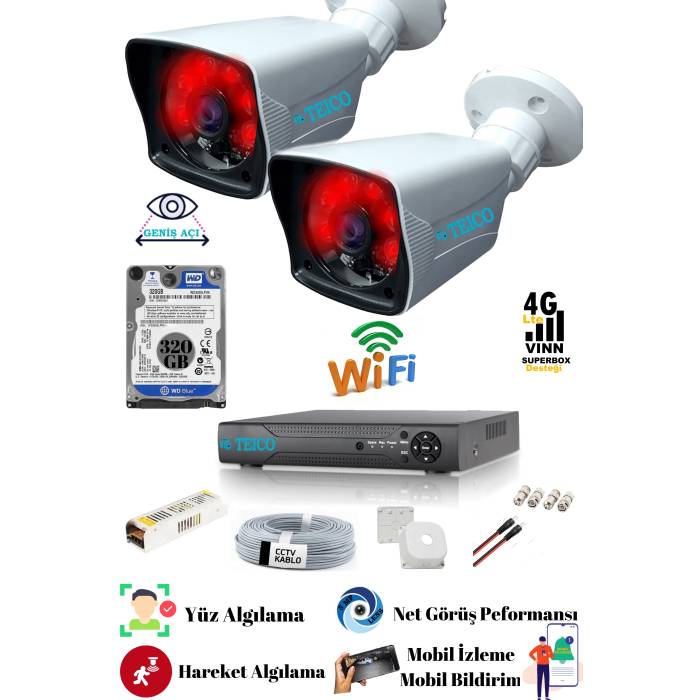 2 Kameralı 2 MP Full Hd 1080p Güvenlik Kamera Seti Teico- 6222N Gece Görüşlü Su Geçirmez Cepten İzleme XMEYE