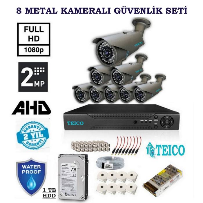 2 MP 8 Metal Dış Mekan Kameralı 1 TBB HDD Dahil AHD Güvenlik Kamerası Seti Teico-6228