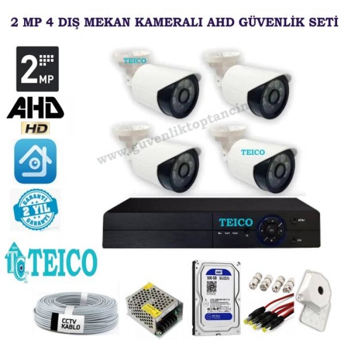 2 MP 4 Dış Mekan Kameralı Herşey Dahil AHD Güvenlik Kamerası Seti Teico-6426