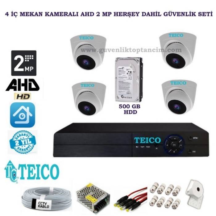 2 MP 4 iç Mekan Kameralı Herşey Dahil AHD Güvenlik Kamerası Seti Teico-6420