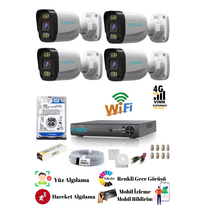 5 Mp Ultra HD 4 Kameralı Warm Led Güvenlik Kamera Sistemi Teico- 6045N Su geçirmez Renkli Gece Görüşlü Cepten İzleme XMEYE