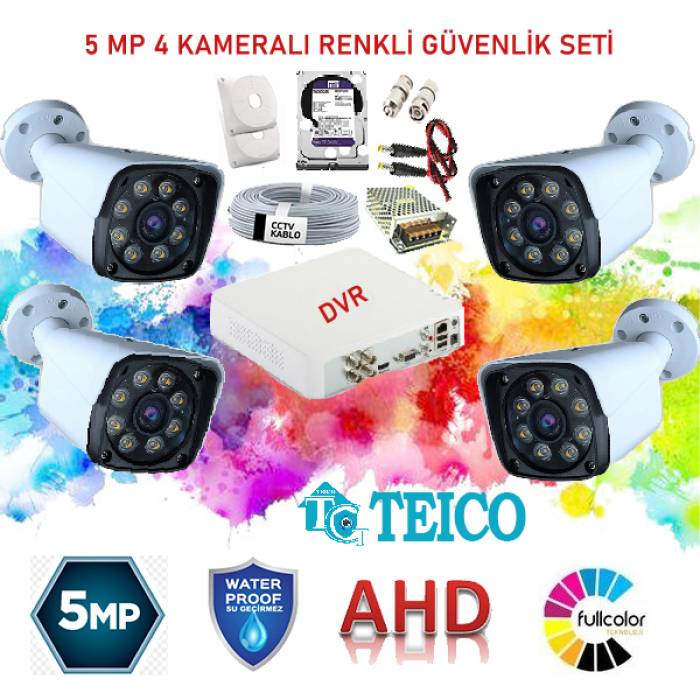 5 MP Warm Led 4 Dış Mekan Renkli Kameralı Herşey Dahil AHD Güvenlik Seti Teico-6580